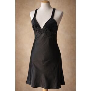 Vintage 90s Van Raalte Black Satin Velvet Nightgown S Lace Beaded Slip Dress